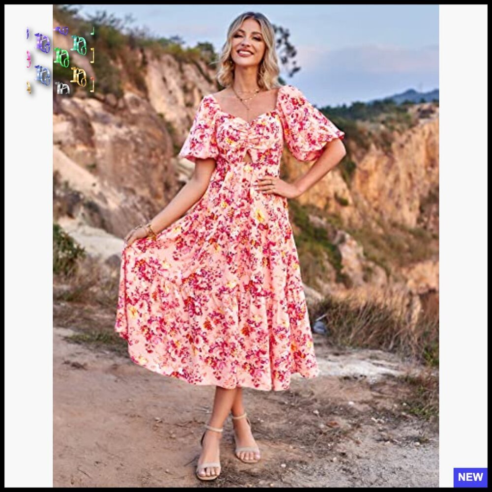 Boho Maxi Dress Flowy Smocked Back Square Neck Short Sleeve Casual Summer - Picture 3 of 7